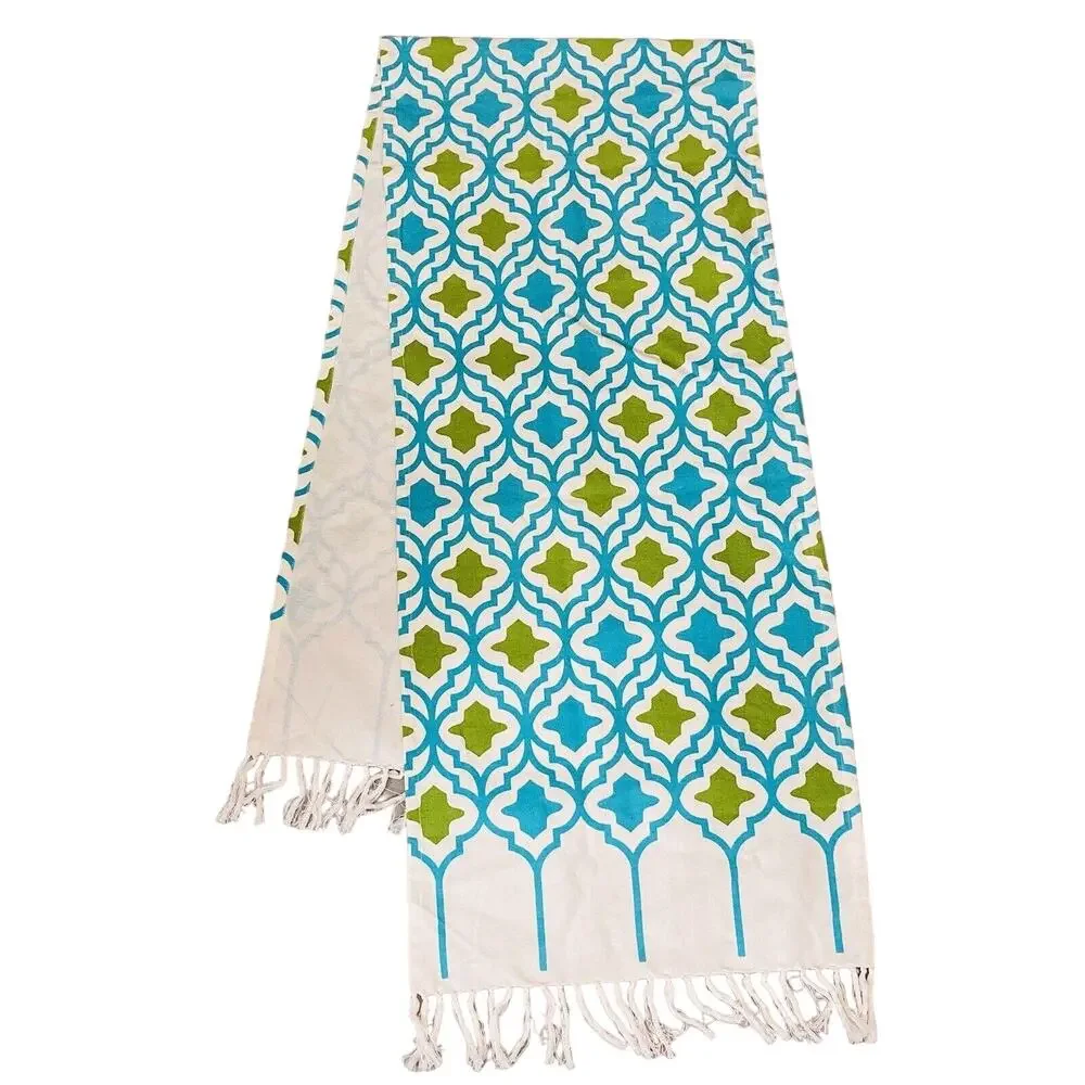 Cotton Tablecloth Runner Moroccan Style Made In India Blue Green Fringe Jabara